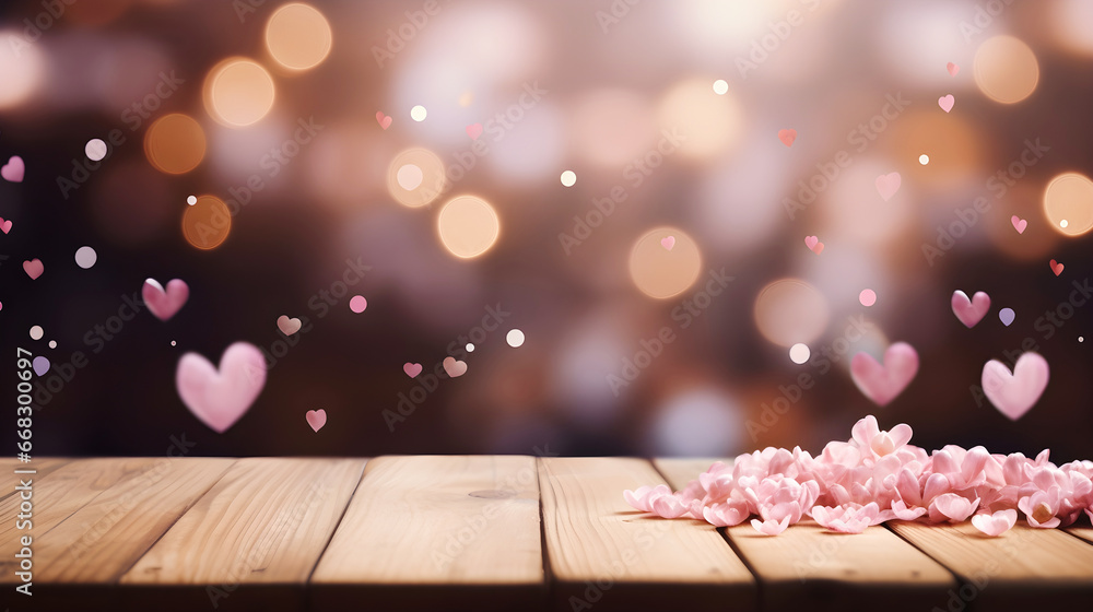 Naklejka premium Empty wooden table with defocused bokeh hearts and rounds in pink and red colors, template with heart symbols, a mockup scene for Valentine's Day, anniversaries, and other heartfelt occasions.
