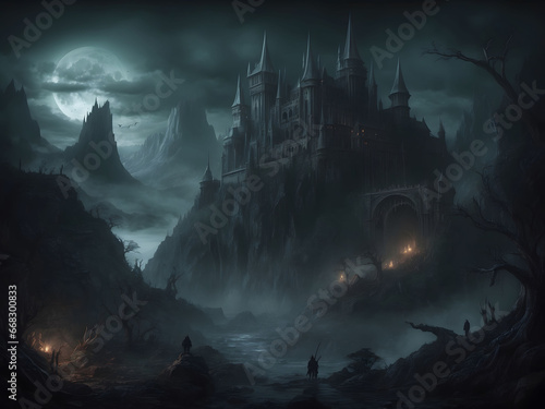 dark and mysterious fantasy realm with sinister castles