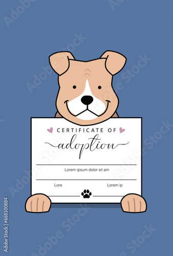 Once Stray Pitbull Puppy Dog Holding Adoption Certificate in Front