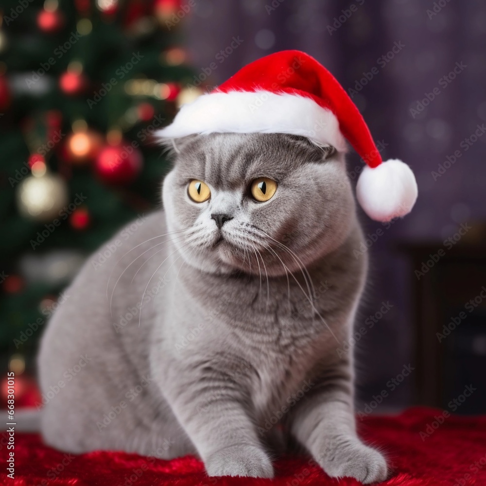 British cat wearing a Santa Claus hat against a background of Christmas tree lights. New Year's holiday. British cat wearing a Santa Claus hat against a background of Christmas tree lights. New Year's holiday.
