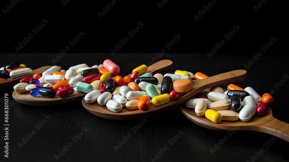 Assorted pharmaceutical medicine pills, tablets and capsules and bottle on blue background. Copy space for text Assorted pharmaceutical medicine pills, tablets and capsules and bottle on blue background. Copy space for text
