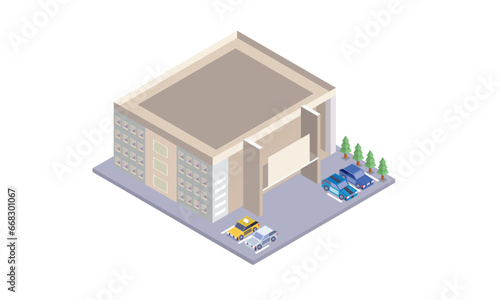 Isometric Supermarket Building with Car Parking. City Shopping Mall Building.on white background.3D design.isometric vector design Illustration.
