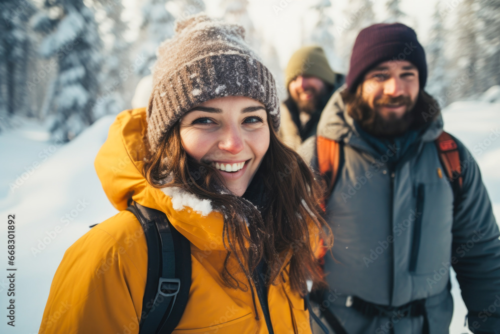 Traveling friends smiling in the snow exploring the mountain Traveling friends smiling in the snow exploring the mountain