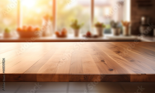 Empty brown wooden table and blur background. Created with Generative AI © Yevhen