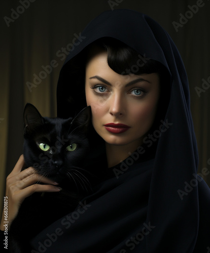 portrait of a middle eastern woman holding her black bombat cat photo