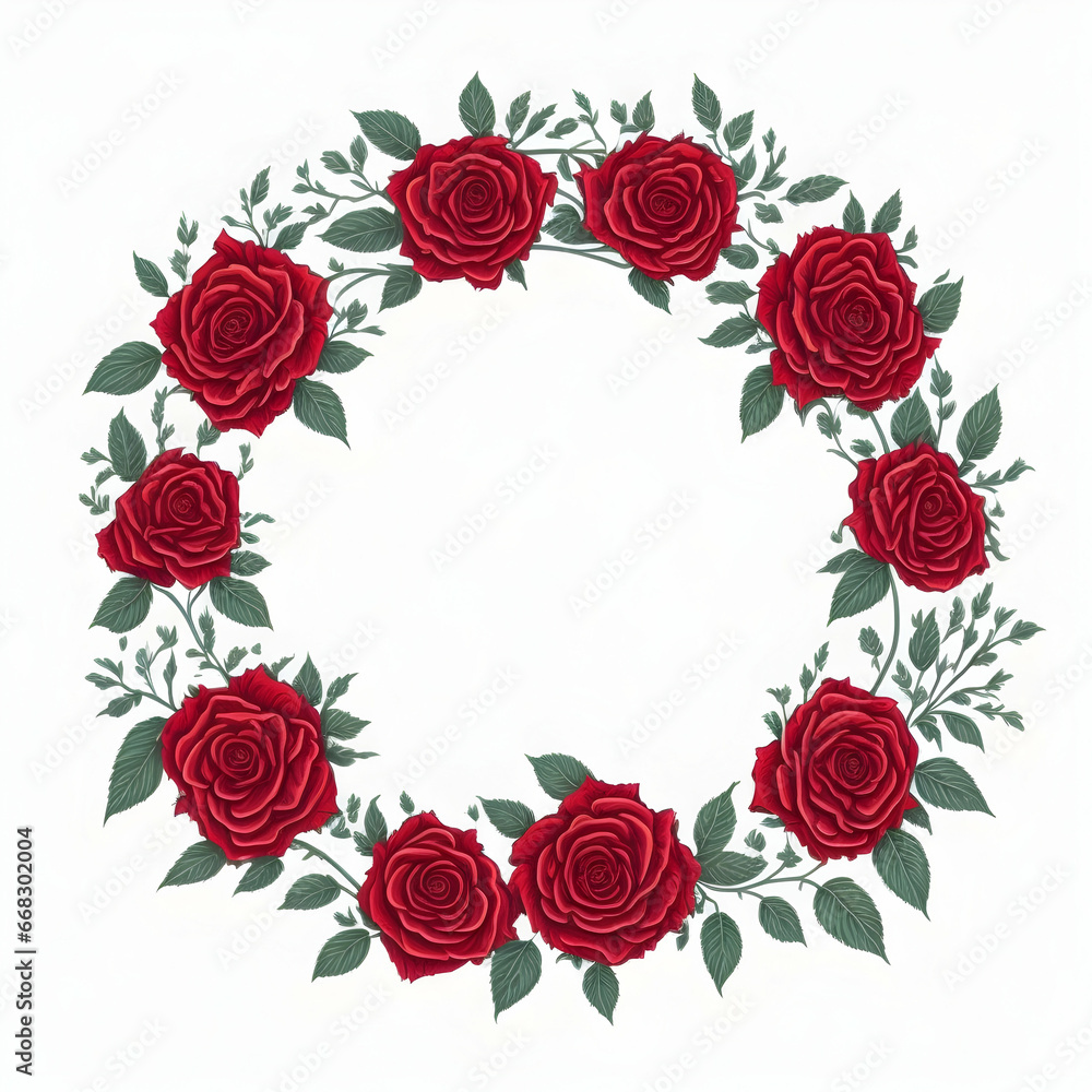 Wreath of red roses isolated on white background.