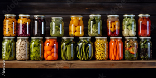 A jar of homemade pickled vegetables, fresh and healthy Two wooden shelves holding a variety of canned vegetables and fruits, lined up in rows of glass jars.AI Generative