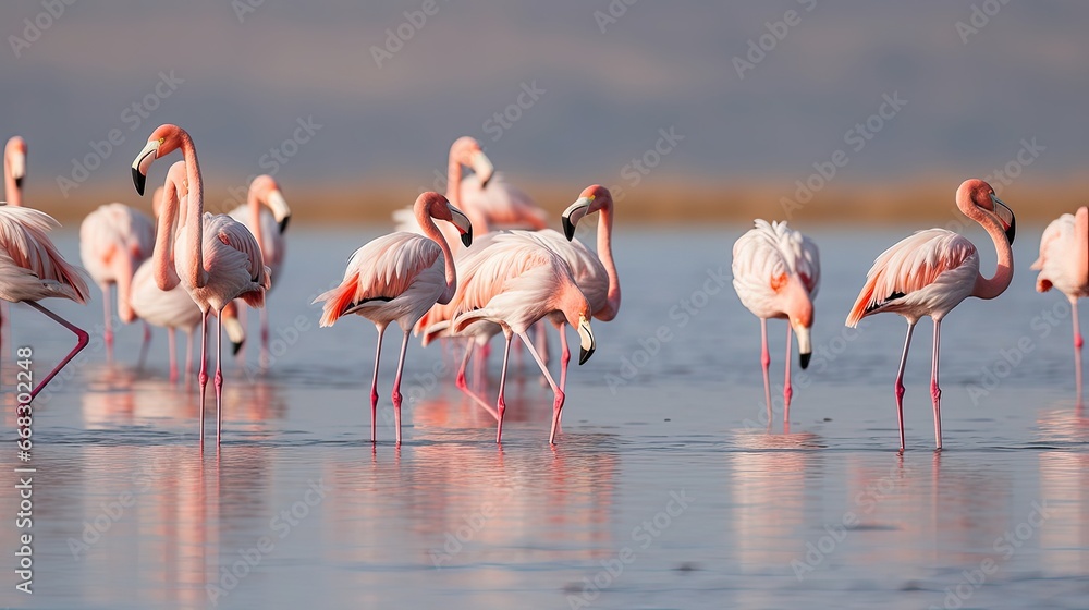 Fototapeta premium flamingos in small groups in the lagoon of Walvis Bay, Namibia
