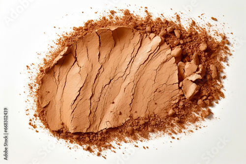 Examine the fine details of beige foundation powder, the cornerstone of makeup for face and body. This texture, isolated on a pristine white backdrop. Generative AI.
