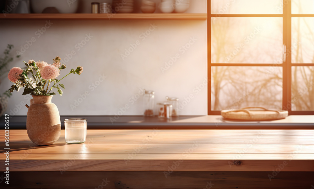 Empty brown wooden table and blur background. Created with Generative AI Empty brown wooden table and blur background. Created with Generative AI