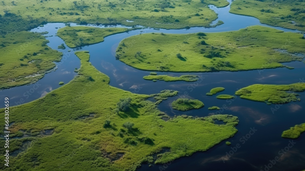  Green river, aerial landscape in Okavango delta, Botswana. Lakes and rivers, view from airplane. Vegetation in South Africa. 