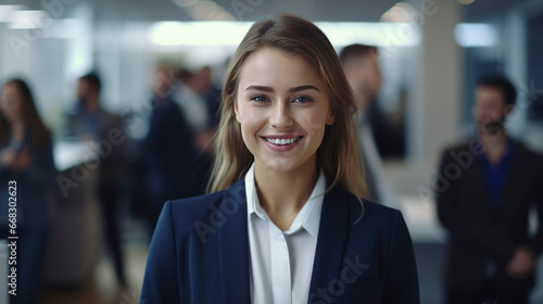 Portrait of smiling businesswoman in office against people background