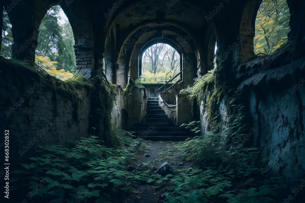 Abandoned Medieval Castle Ruins. Old Castle Fortress. Long Time Forgotten Fortress in the Woods. 