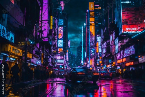  A Bustling Futuristic City Under Neon-lit Streets. Traffic Jam in the Futuristic Neon City. © Radovan
