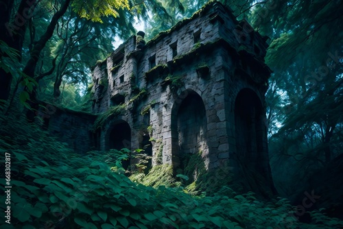 Abandoned Medieval Castle Ruins. Old Castle Fortress. Long Time Forgotten Fortress in the Woods. 