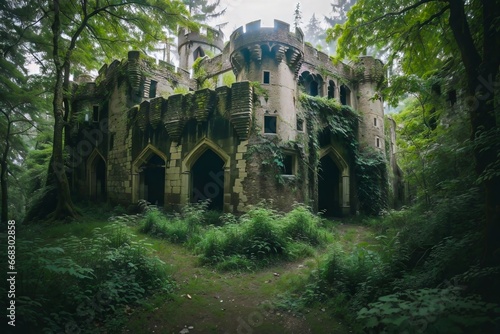 Abandoned Medieval Castle Ruins. Old Castle Fortress. Long Time Forgotten Fortress in the Woods. 