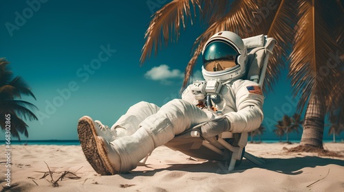 an astronaut relaxing on the beach against the backdrop of coconut trees and beach sand
