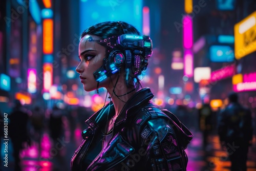 Futuristic City Under Neon-lit Streets With Modern Woman Portrait. Cyberpunk Futuristic Woman in Near Future.