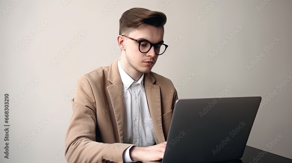 Online education, remote work. Young man manager or clerk using laptop isolated on light background. Education concept Online education, remote work. Young man manager or clerk using laptop isolated on light background. Education concept