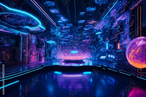 Futuristic Digital Center. Data Flow in a Sci-Fi World. Future Data Center. High-tech Internet Data Center Room With Rows of Racks and Optic Cables with Network and Server Hardware.