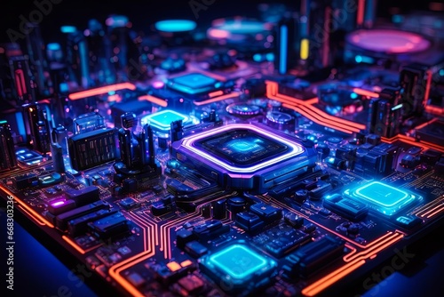 Futuristic Digital Data Flow Motherboard. AI Supercomputer. CPU and GPU. Computer Processors CPU Concept. Motherboard Digital Chip. photo