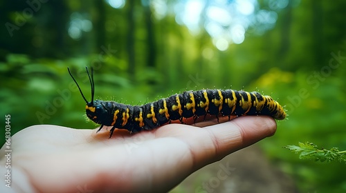 caterpillar animal walking on human hand with forest background photo