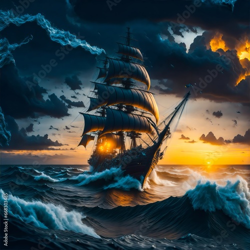 Sailing into the Unknown. The Sail Ship is Heading Toward a Big Storm. Sailboat on the Sea with Storms and Big Waves. Old Sailing Ship Adrift in the Ocean on a Stormy Day. Ship at Sea.