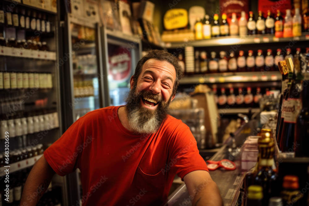 Positive smiling man with a beard Bartender against the background of various bottles in the bar Positive smiling man with a beard Bartender against the background of various bottles in the bar