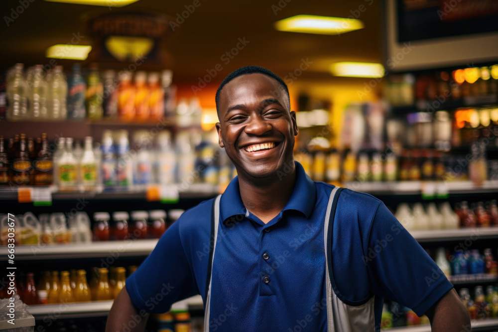 Dressed in a blue uniform, a man looks satisfied and cheerful, smiling brightly in a liquor store