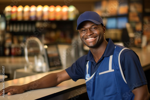 A content man in a blue uniform smiles confidently in a liquor store, radiating positivity