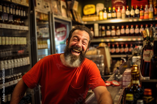 Positive smiling man with a beard Bartender against the background of various bottles in the bar