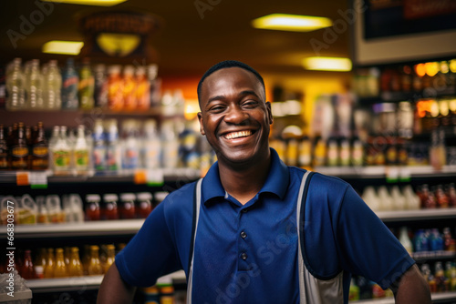 Dressed in a blue uniform, a man looks satisfied and cheerful, smiling brightly in a liquor store