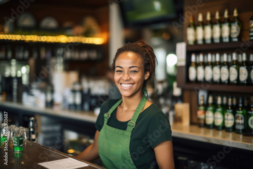A smiling female bartender stands behind the bar, ready to serve drinks