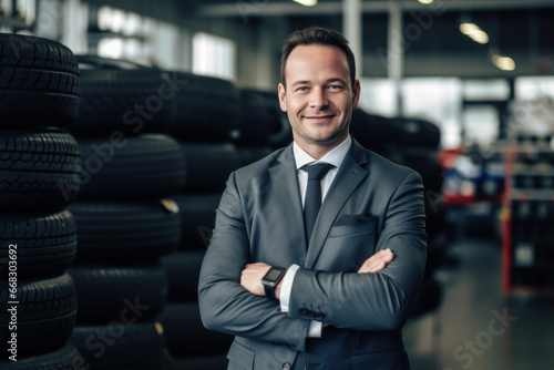 Joyful Tire Retailer: With a radiant smile, the tire retailer showcases enthusiasm, assisting customers in choosing the perfect tires with expertise and a positive attitude © Konstiantyn Zapylaie