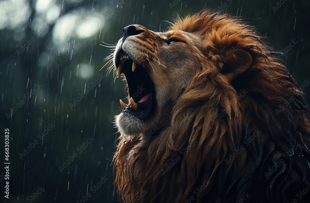 Naklejka premium A lion gives a mighty roar. Great for stories on lions, wilderness, jungle, adventure, travel, nature and more. 