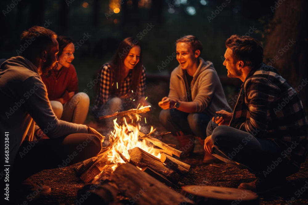 A group of people laughs and sits near a fire in the forest at night