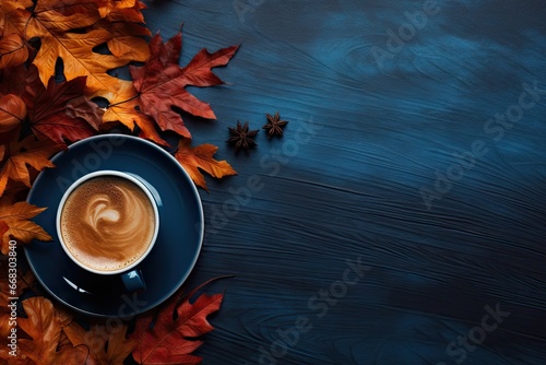 coffee on a table with fall colored leaves Generative AI