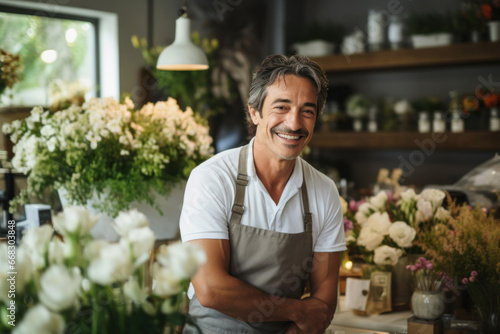 A cheerful, content man smiles in his flower shop, radiating happiness and satisfaction in his work