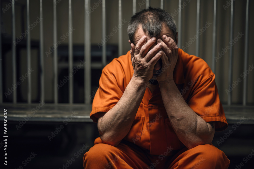 A dejected man sits in his cell, enveloped in regret, his confinement a stark reminder of his past misdeeds A dejected man sits in his cell, enveloped in regret, his confinement a stark reminder of his past misdeeds