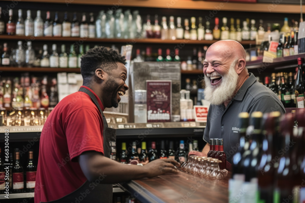 A liquor store seller and a customer bonding over a shared love of alcohol