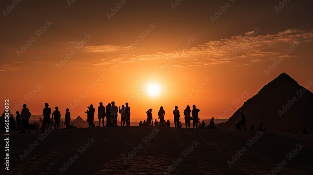  Silhouettes of group of tourist people against epic sunset sky watching sun in Egypt. 