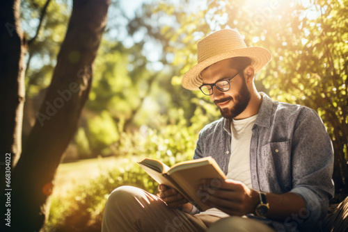 An individual with a beard enjoys a sunny day outdoors, reading a book on a vibrant grassy field, immersed in the world of literature