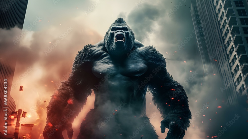 giant gorilla king rampages in the middle of the city and destroys tall buildings - obrazy, fototapety, plakaty 
