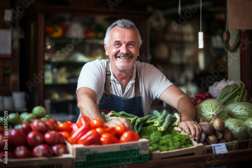 A happy man is pleased with his customers as he sells vegetables and fruits at his stall
