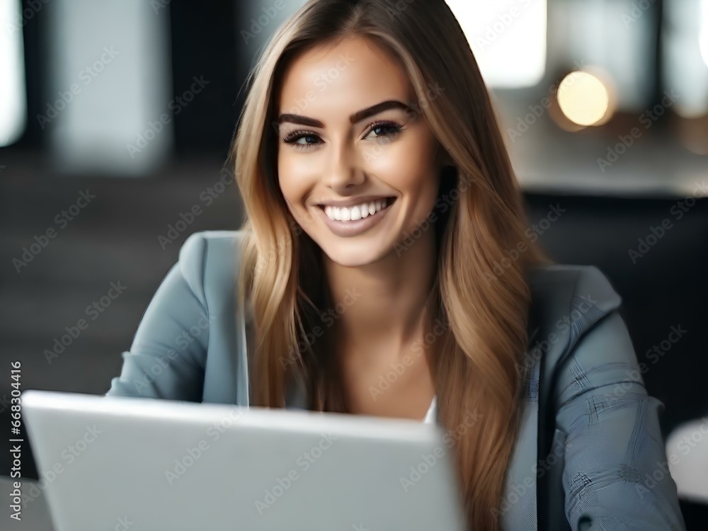 a young smiling beautiful woman is working at a laptop in the office a young smiling beautiful woman is working at a laptop in the office