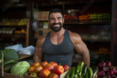 Behind the vegetable counter, a smiling fitness enthusiast sells farm-fresh produce, embodying the essence of a wholesome lifestyle © Konstiantyn Zapylaie