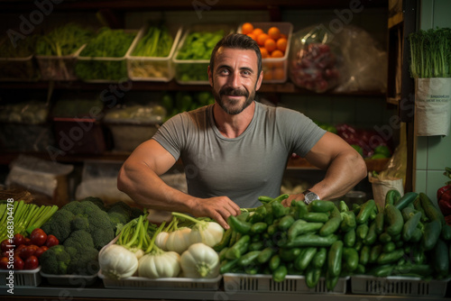 A cheerful, health-conscious man manages his vegetable store, offering a variety of fresh fruits and vegetables, promoting a nutritious lifestyle