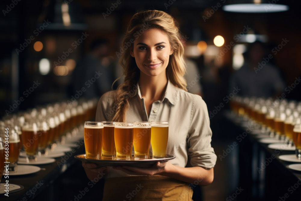 A happy, cheerful waitress presents a tray laden with beer glasses, showcasing her friendly demeanor and enthusiasm for service A happy, cheerful waitress presents a tray laden with beer glasses, showcasing her friendly demeanor and enthusiasm for service