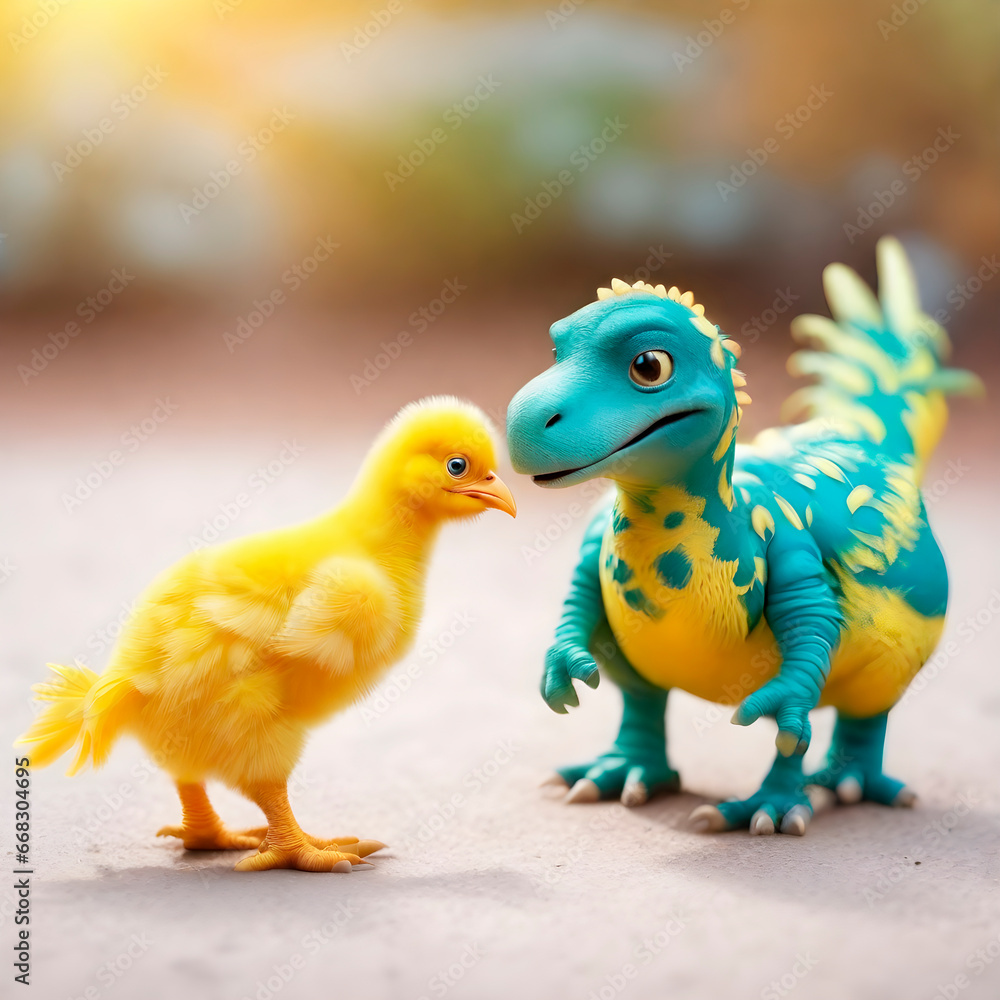 Fototapeta premium The meeting of a chick and a baby dinosaur is a fun story for a child's game