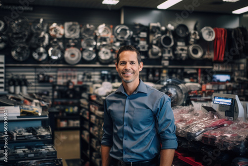 An affable male representative of an auto accessories store welcomes customers with a friendly smile, embodying the store's positive atmosphere and excellent service
